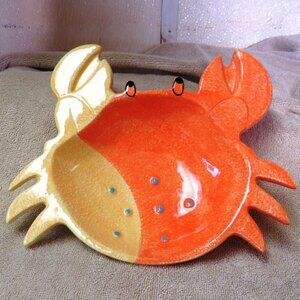 Crab Bowl - Vintage Ceramic Spongeware Bowl with Hand painted Eyes - So Cute!
